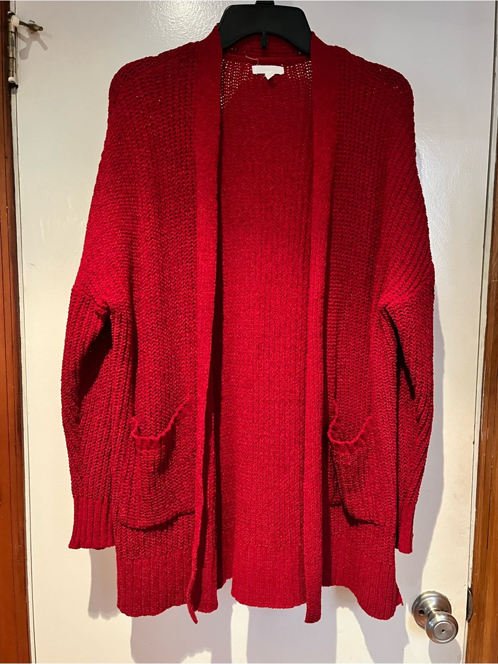 Maurices Red Open-Front Knit Cardigan with Pockets